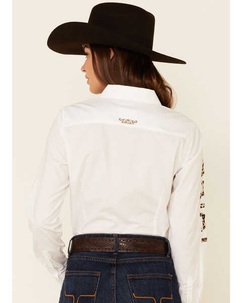 Image #4 - Ariat Women's Team Kirby Leopard Logo Long Sleeve Button Down Stretch Shirt, White, hi-res