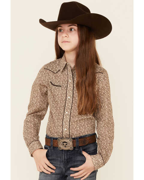 Roper Girls' Floral Print Long Sleeve Snap Western Shirt , Brown, hi-res