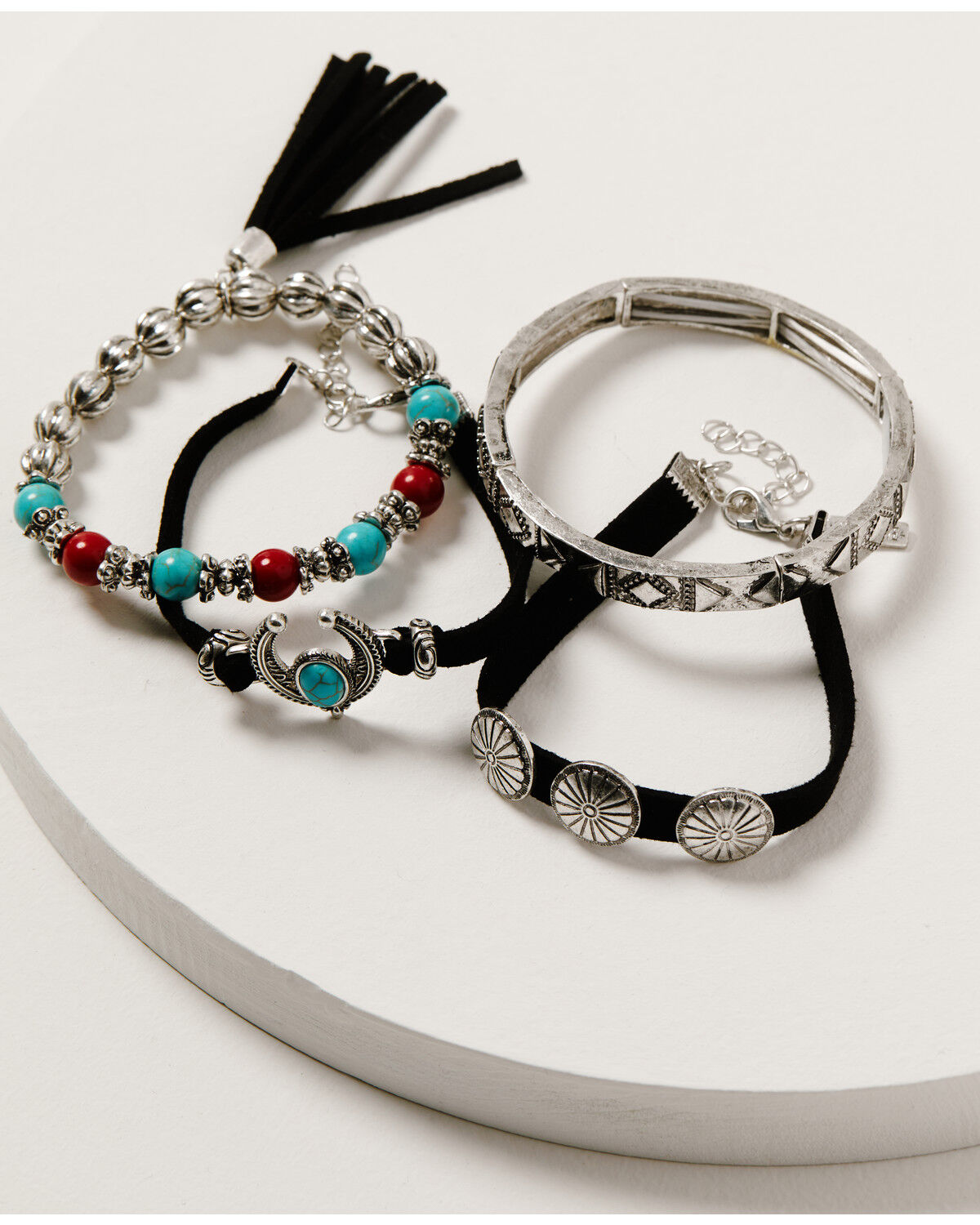 Image #1 - Shyanne Women's Wild Soul Concho Leather & Beaded Bracelet Set, Silver, hi-res