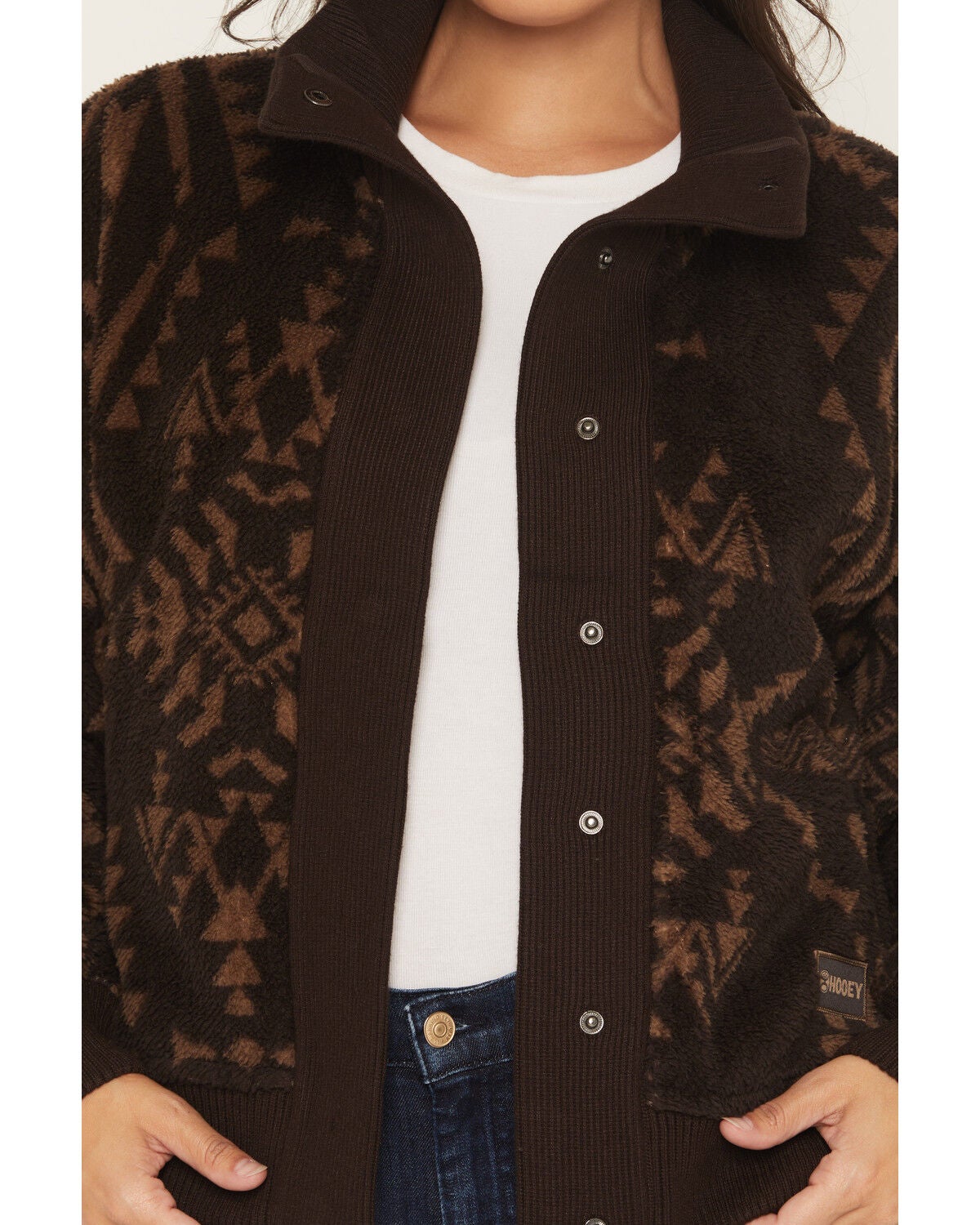 Image #3 - Hooey Women's Southwestern Print Sherpa Lined Snap Sweater, Brown, hi-res