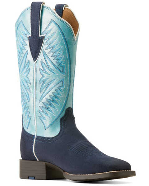 Image #1 - Ariat Women's Round Up Ruidoso Roughout Performance Western Boots - Broad Square Toe , Blue, hi-res