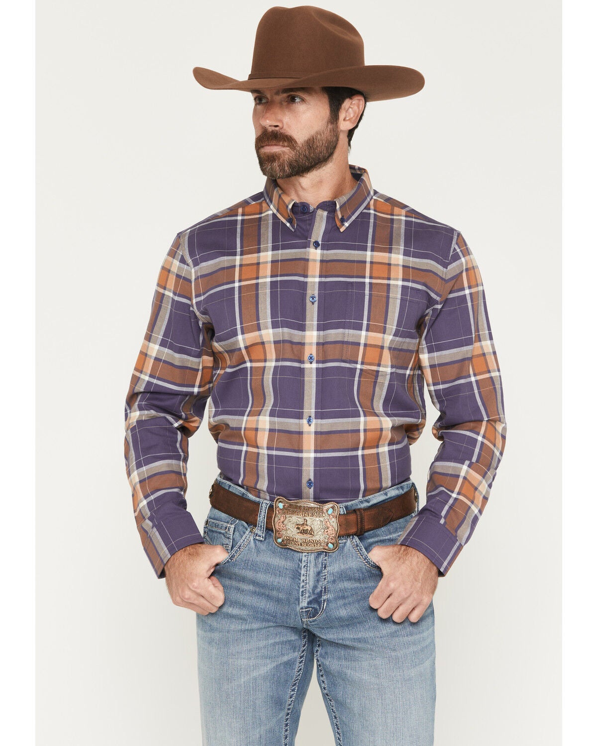 Cody James Men's Smokey Trail Plaid Print Long Sleeve Button-Down Stretch Western Shirt, Dark Blue, hi-res