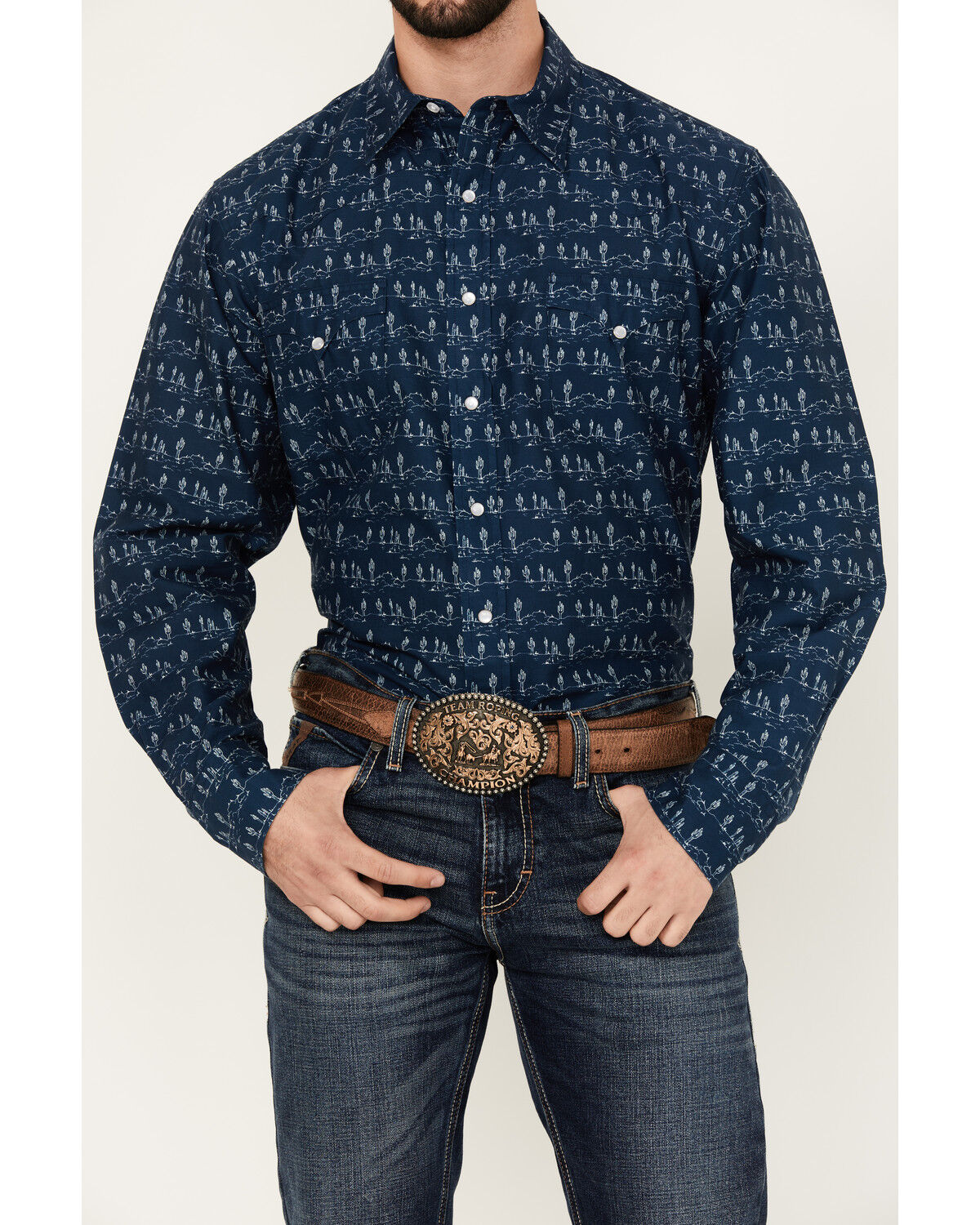 Image #3 - Roper Men's West Made Cactus Print Long Sleeve Pearl Snap Western Shirt, Dark Blue, hi-res