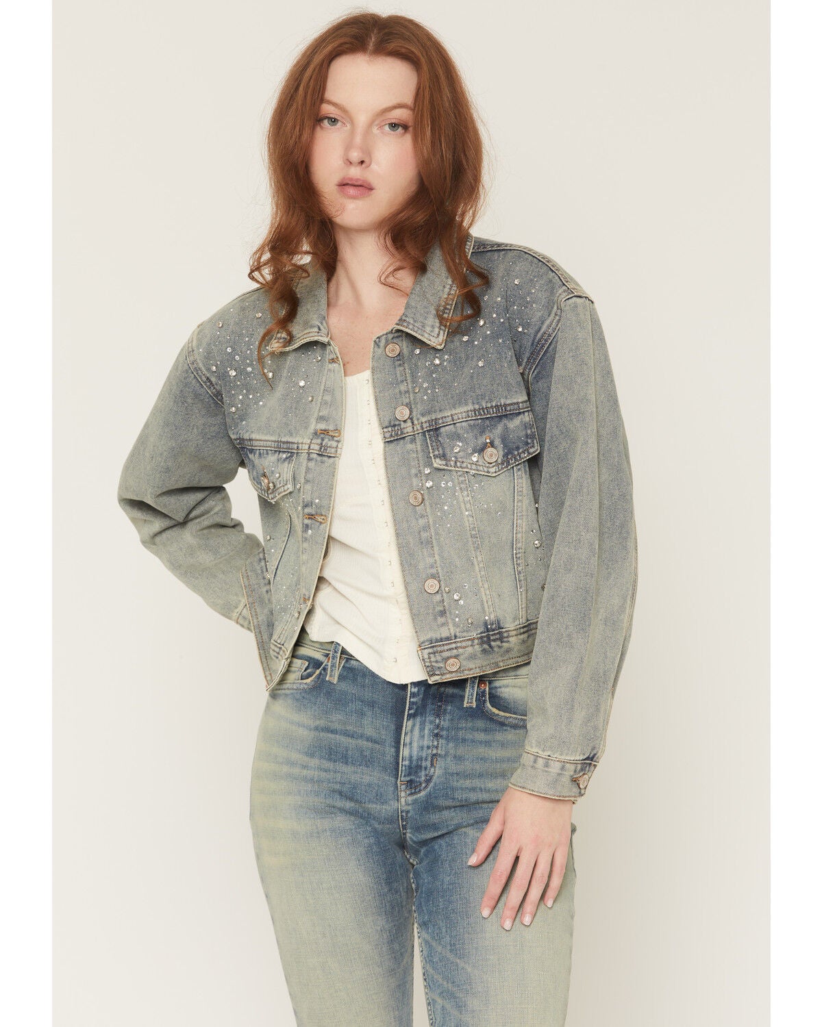 Image #1 - Azalea Wang Women's Medium Wash Rhinestone Button-Down Cropped Denim Jacket, Medium Wash, hi-res
