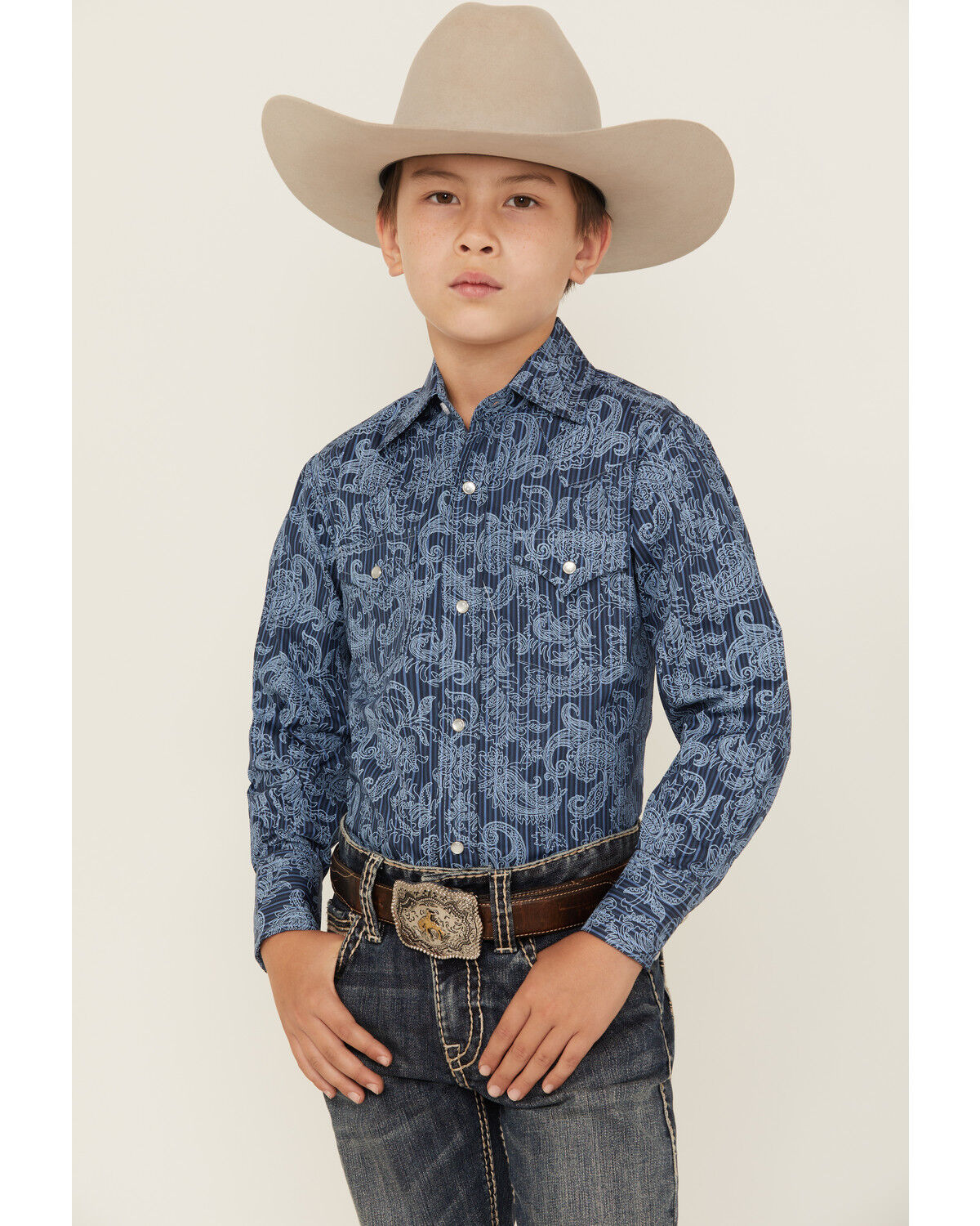 Image #1 - Ely Walker Boys' Paisley Print Long Sleeve Pearl Snap Western Shirt, Blue, hi-res