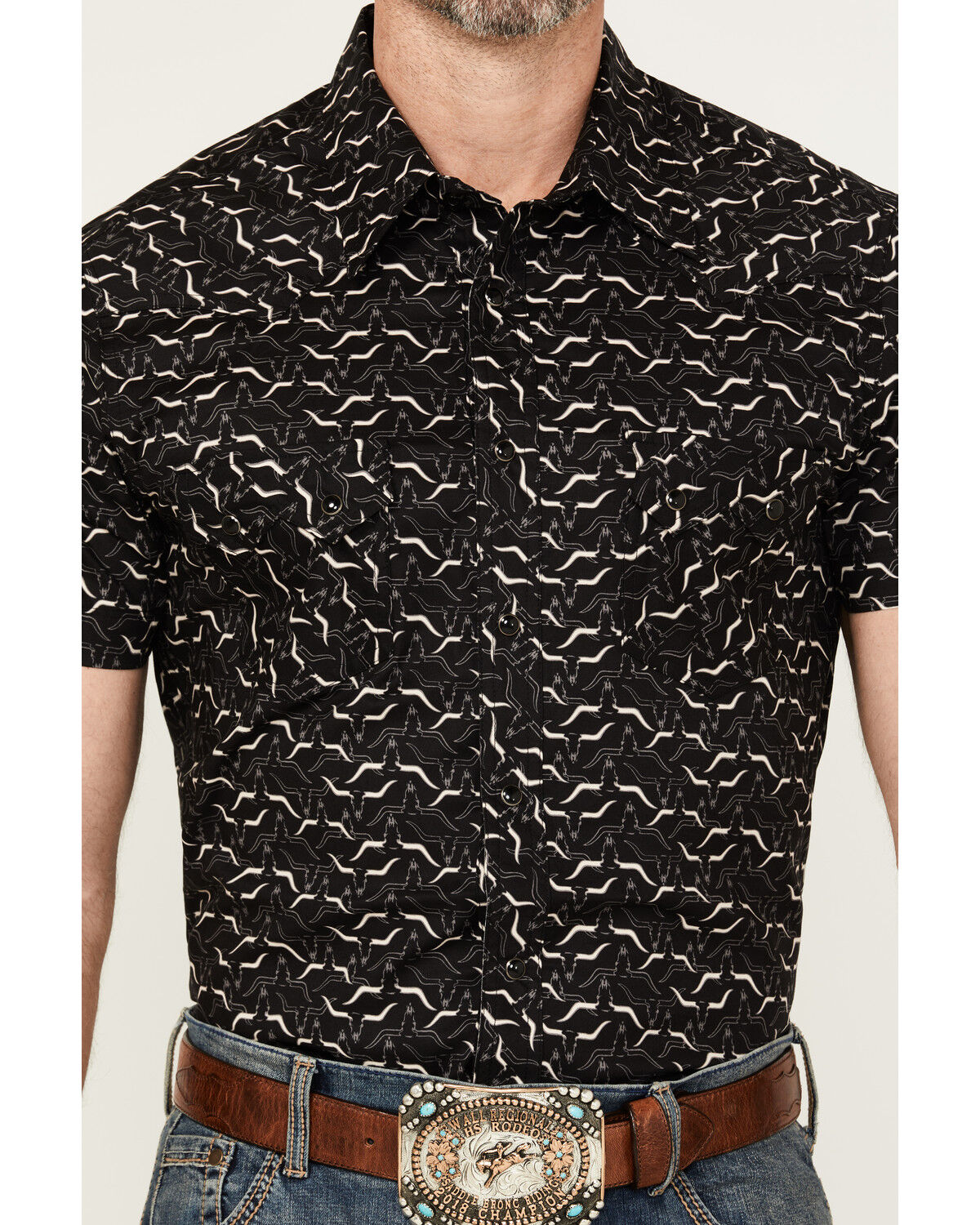 Image #3 - Rock & Roll Denim Men's Longhorn Print Short Sleeve Pearl Snap Stretch Western Shirt, Black, hi-res