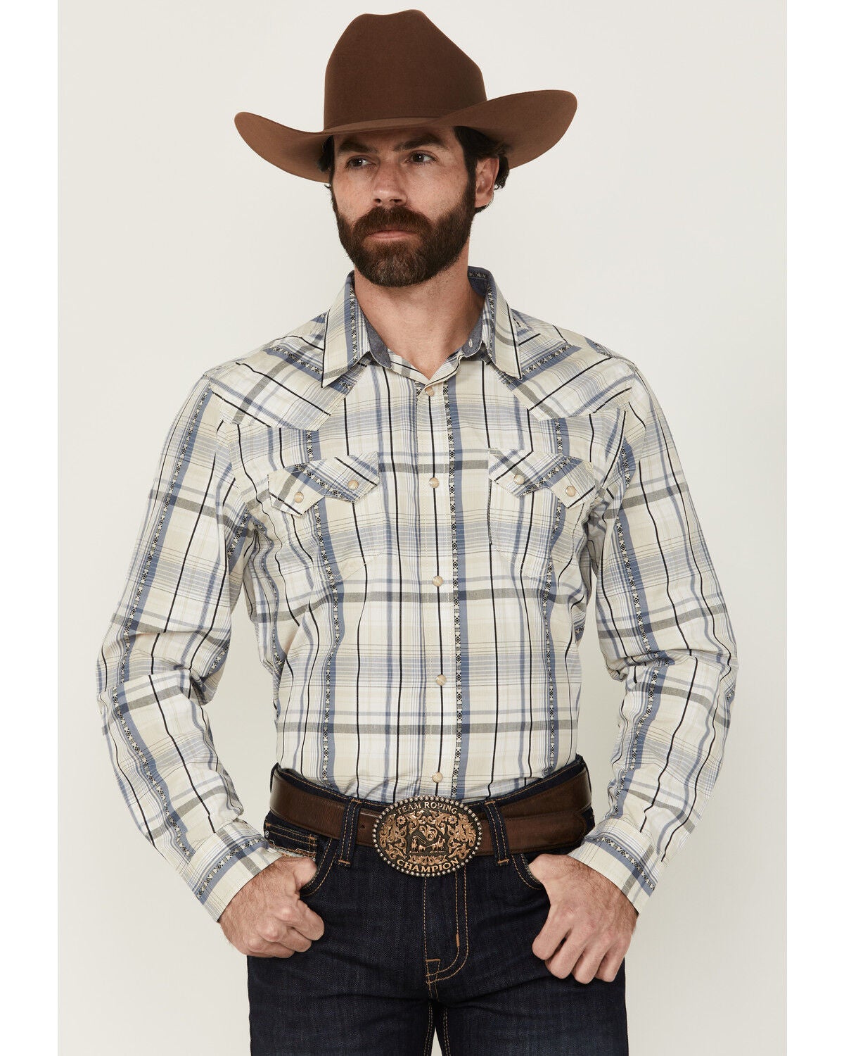 Cody James Men's Western Wind Plaid Print Long Sleeve Snap Western Shirt, Cream, hi-res