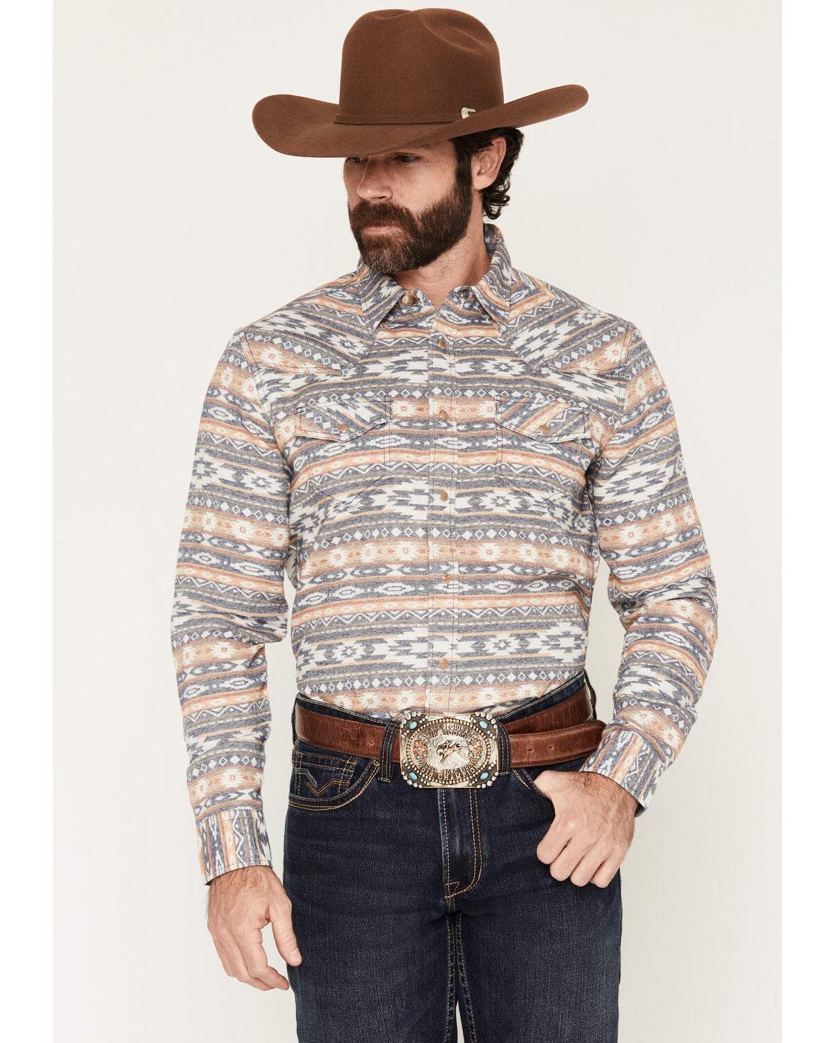 Cody James Men's Trading Post Southwestern Striped Long Sleeve Snap Western Shirt, Blue, hi-res