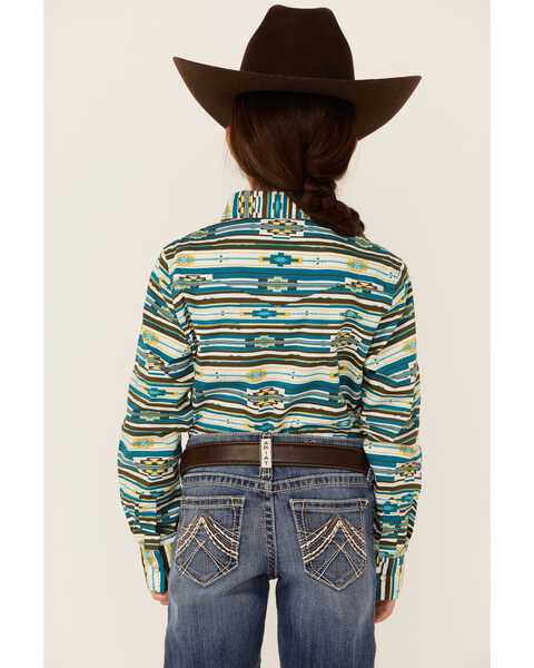 Image #3 - RANK 45® Girls' Southwestern Print Long Sleeve Pearl Snap Western Shirt , Teal, hi-res