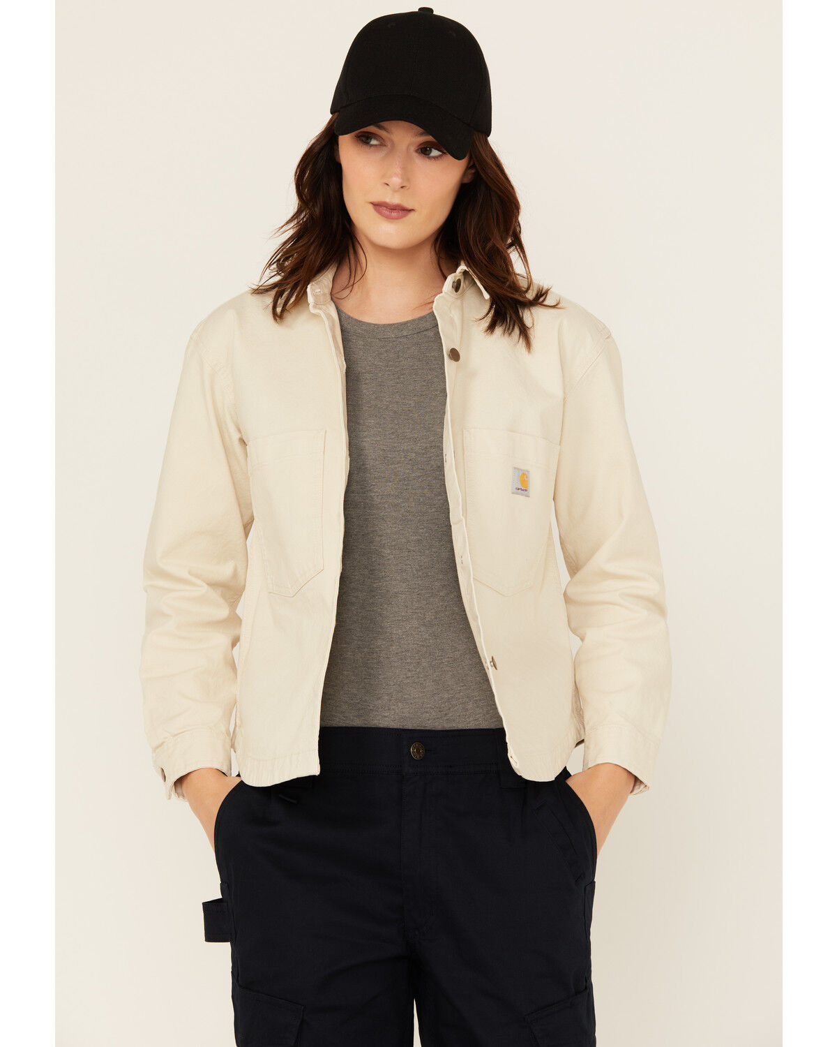 Image #1 - Carhartt Women's Rugged Flex® Loose Fit Heavyweight Duck Long Sleeve Button-Down Overshirt, Oatmeal, hi-res