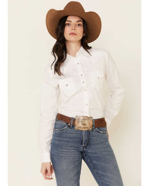 Wrangler Women's White Pearl Snap Long Sleeve Western Shirt, White, hi-res
