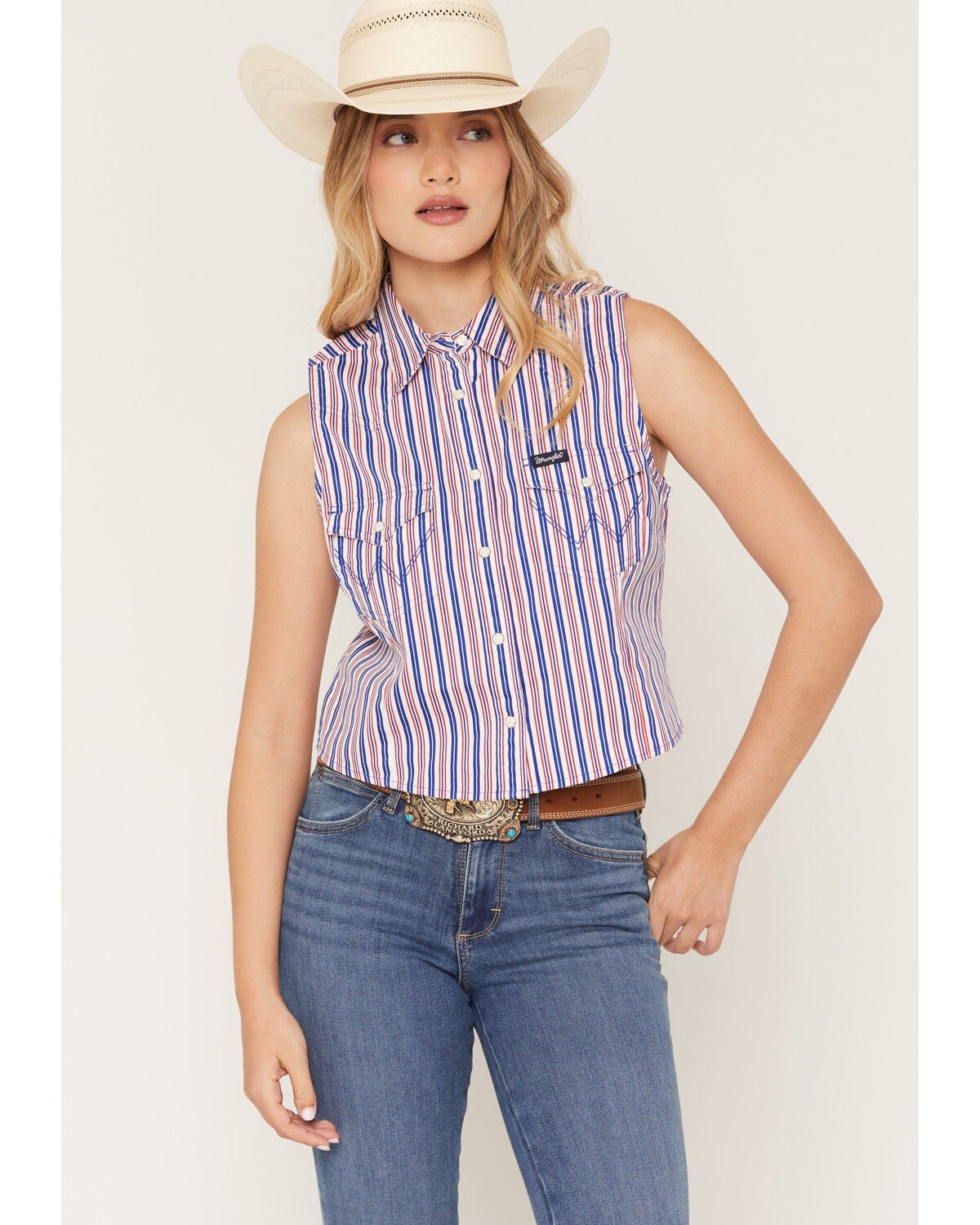 Wrangler Retro Women's Americana Striped Sleeveless Cropped Snap Western Shirt, Multi, hi-res