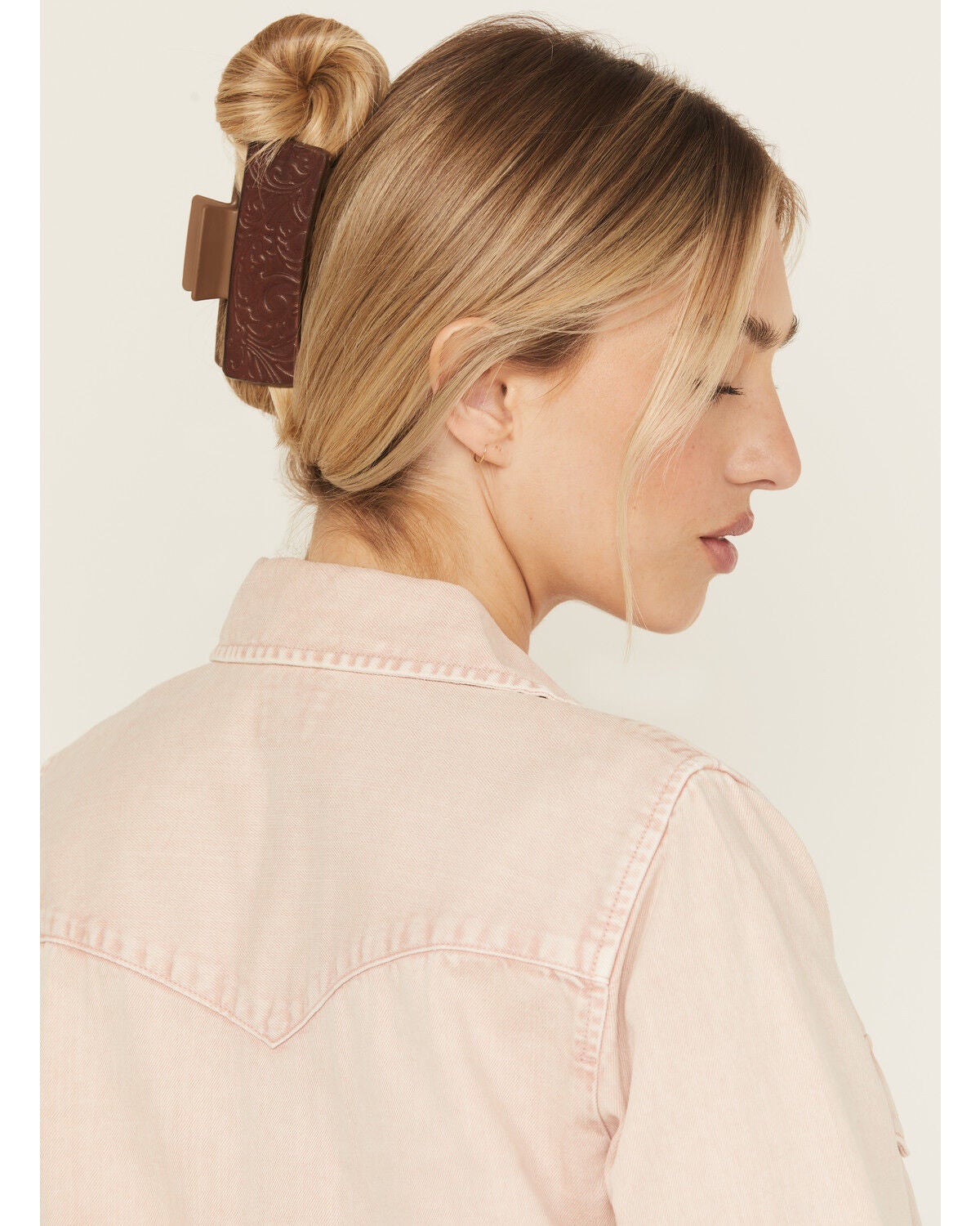 Shyanne Women's Tooled Floral Leather Hair Clip, Brown, hi-res