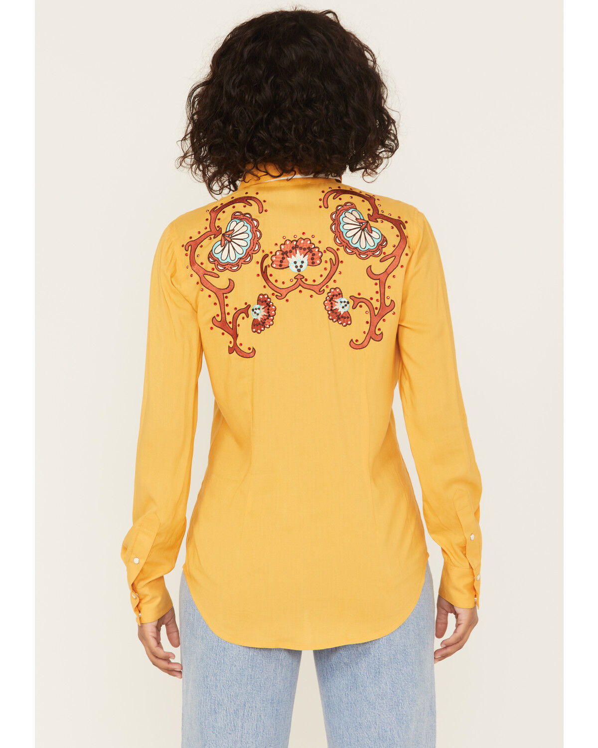 Image #4 - Panhandle Women's Retro Rhinestone Embroidered Long Sleeve Snap Western Shirt, Mustard, hi-res