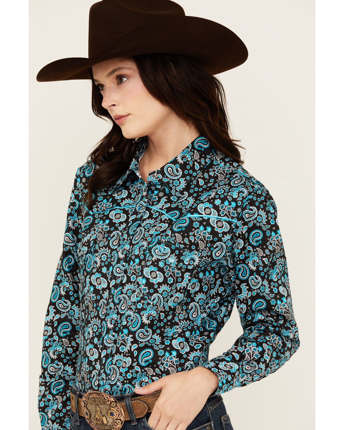 Image #2 - Cowgirl Hardware Women's Paisley Print Long Sleeve Snap Western Shirt, Black, hi-res