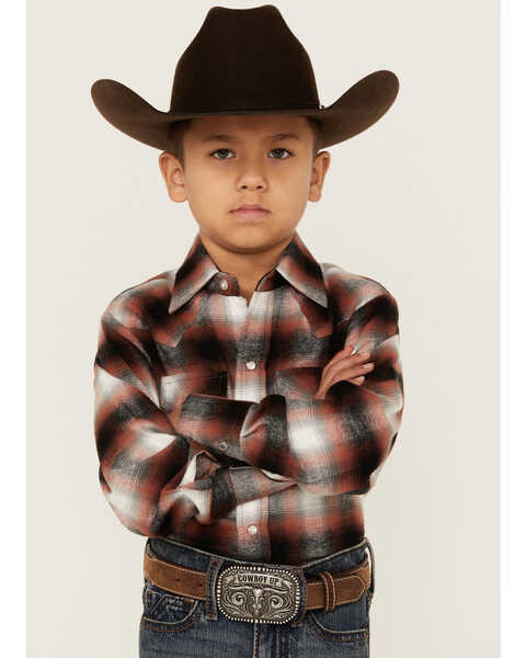 Ely Walker Boys' Plaid Rust Long Sleeve Snap Western Flannel Shirt  , Beige/khaki, hi-res
