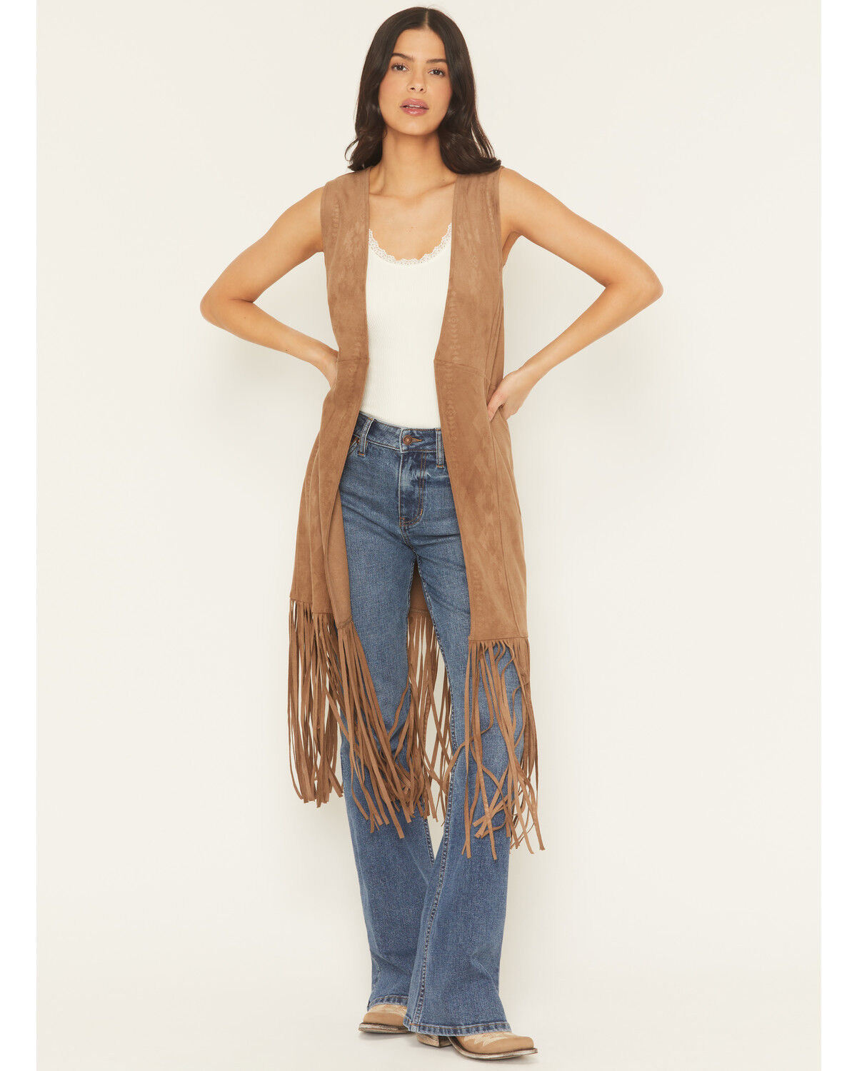 Image #1 - Shyanne Women's Embossed Southwestern Print Fringe Faux Suede Vest, Coffee, hi-res
