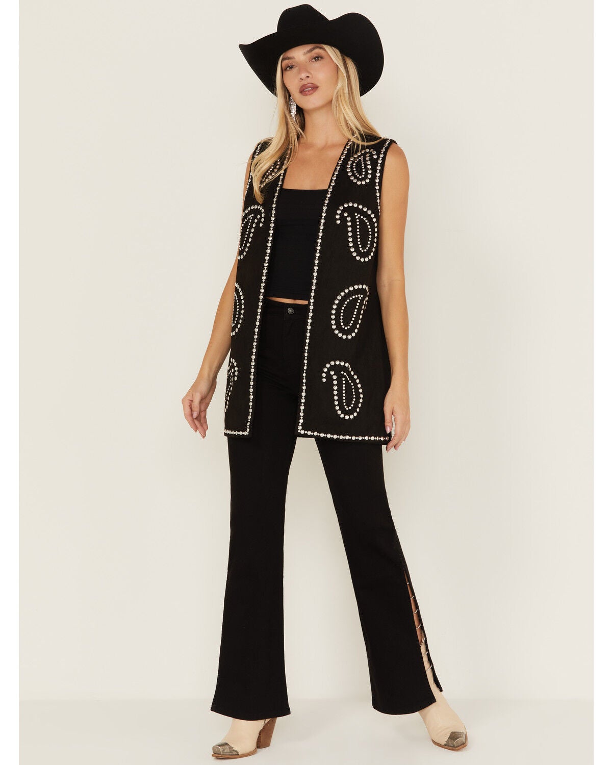 Fornia Women's Paisley Studded Longline Vest, Black, hi-res