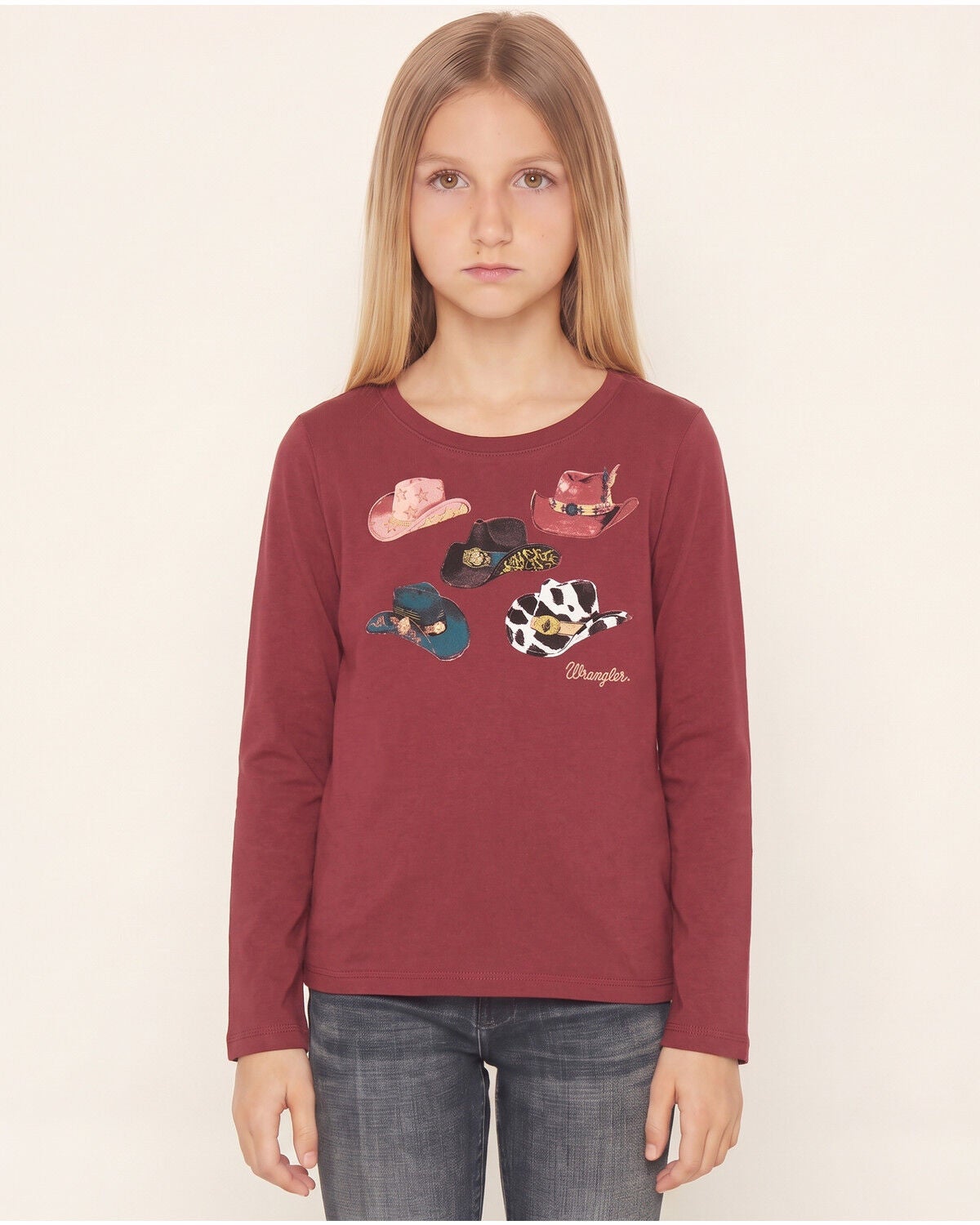 Wrangler Girls' Cowgirl Hat Long Sleeve Graphic Tee, Burgundy, hi-res