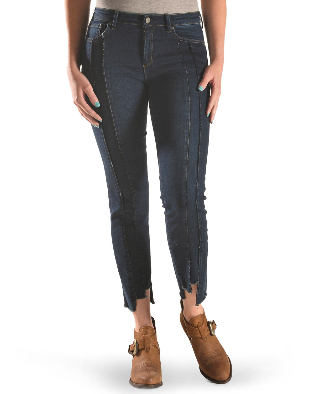 Image #1 - Tractr Women's Front Fray Panel Step Hem Jeans, Indigo, hi-res