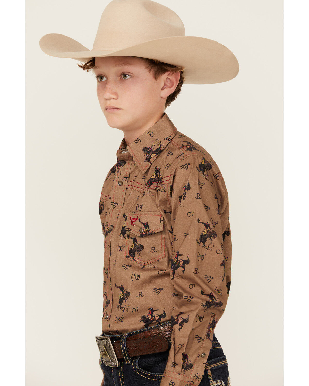 Image #2 - Cowboy Hardware Boys' Vintage Bronc Long Sleeve Snap Stretch Western Shirt, Brown, hi-res