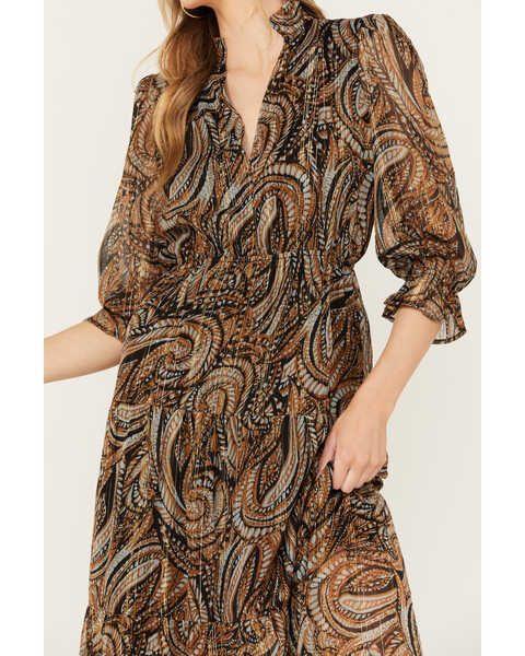 Image #3 - Revel Women's Paisley Print Long Sleeve Midi Dress, Brown, hi-res