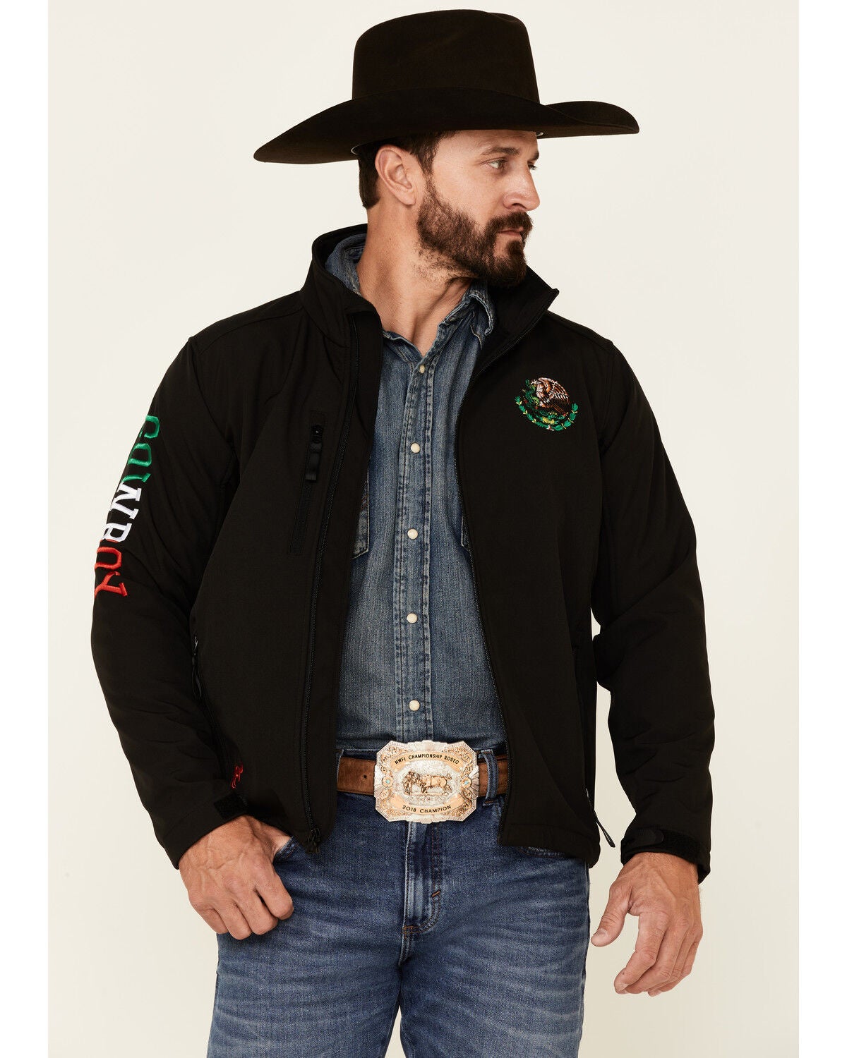 Cowboy Hardware Men's Black Mexico Flag Logo Sleeve Zip-Front Poly