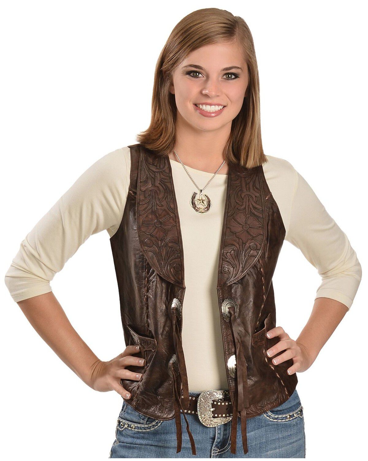 Image #1 - Kobler Floral Tooled Leather Vest, Brown, hi-res