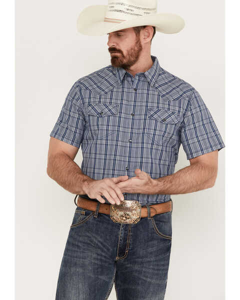 Cody James Men's Plaid Print Short Sleeve Western Snap Shirt, Navy, hi-res