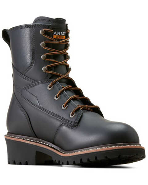 Ariat Men's 8" Logger Shock Shield Waterproof Work Boots - Soft Toe , Black, hi-res