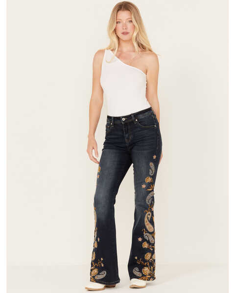 Grace in LA Women's Dark Wash High Rise Paisley Embroidered Flare Jeans , Dark Wash, hi-res