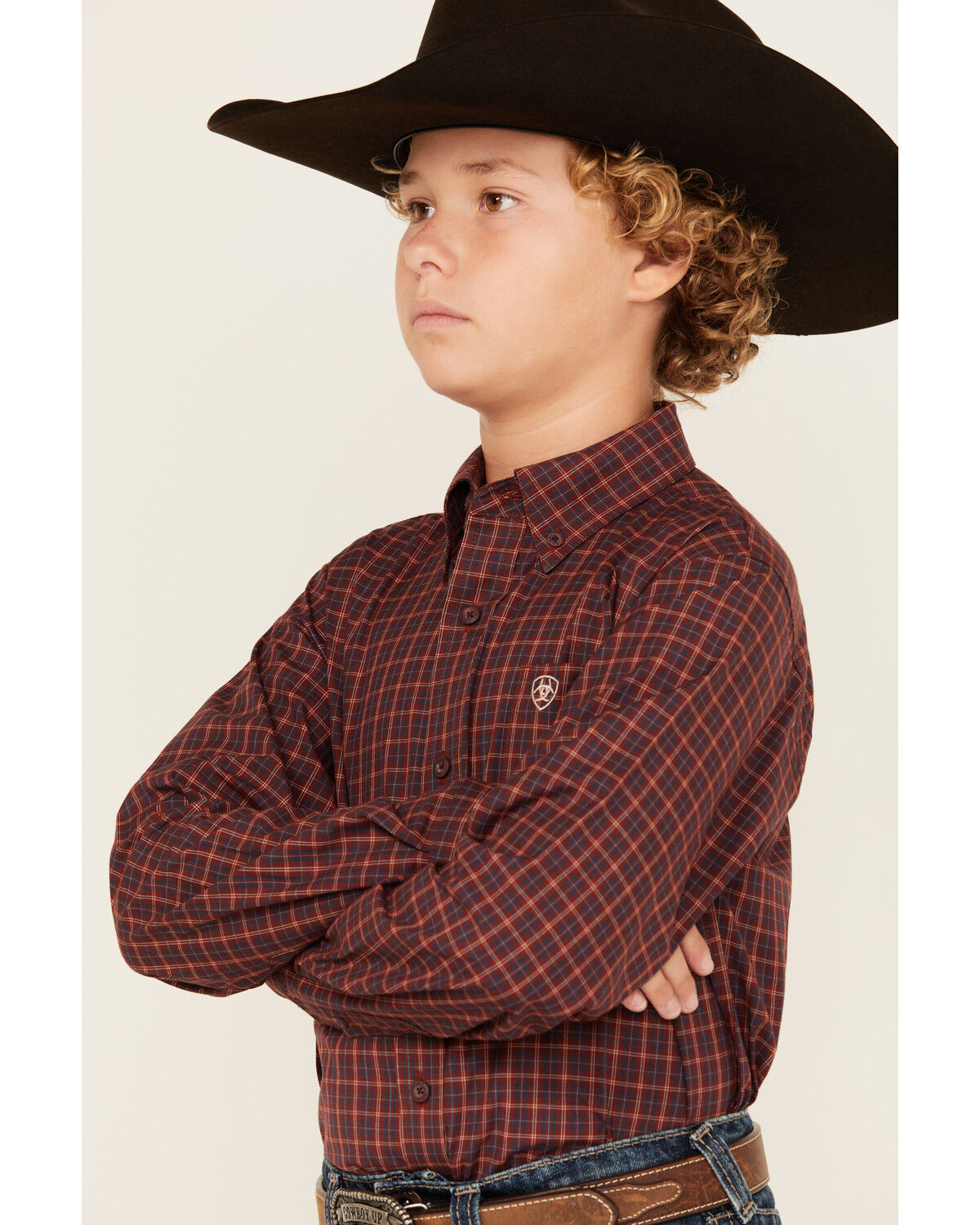 Image #2 - Ariat Boys' Pro Series Plaid Print Long Sleeve Button-Down Western Shirt, Burgundy, hi-res