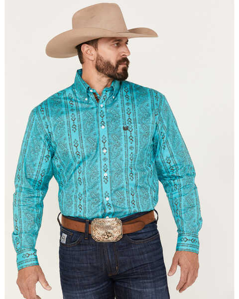 Rough Stock by Panhandle Men's Paisley Southwestern Stripe Long Sleeve Button Down Western Shirt , Turquoise, hi-res