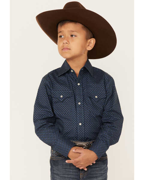 Ely Walker Boys' Geo Print Long Sleeve Snap Western Shirt, Blue, hi-res