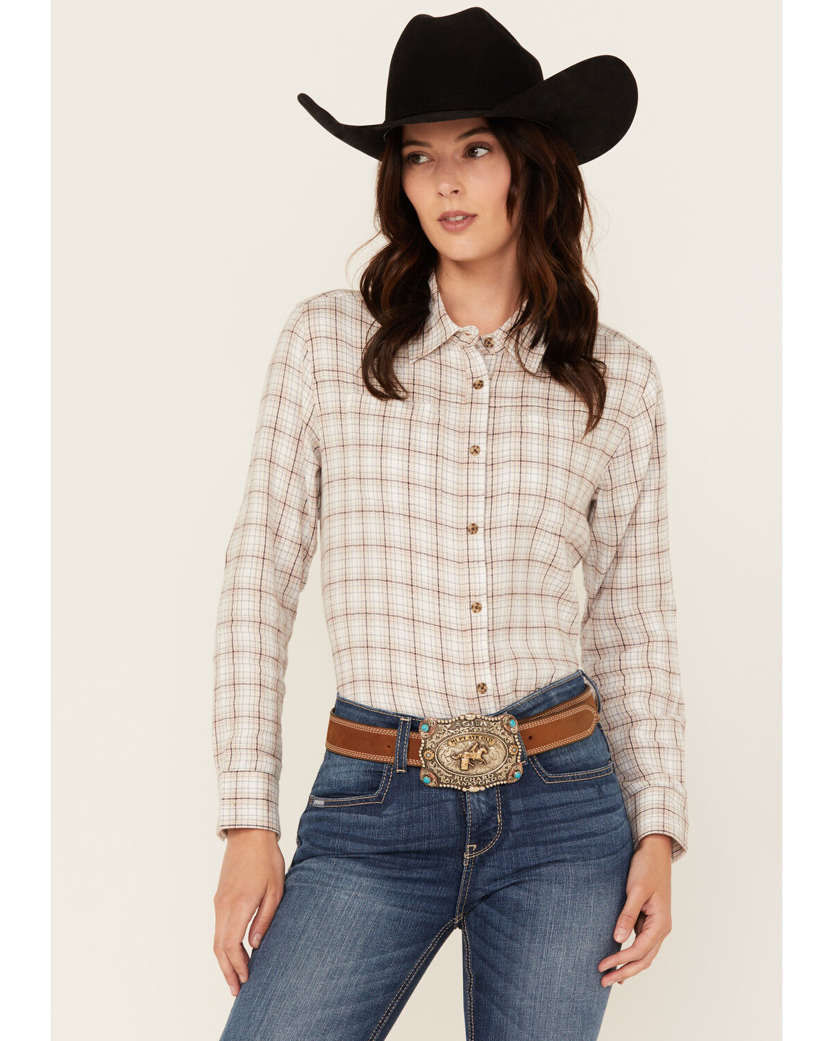 Image #1 - Shyanne Women's Plaid Print Long Sleeve Button-Down Western Shirt, Off White, hi-res