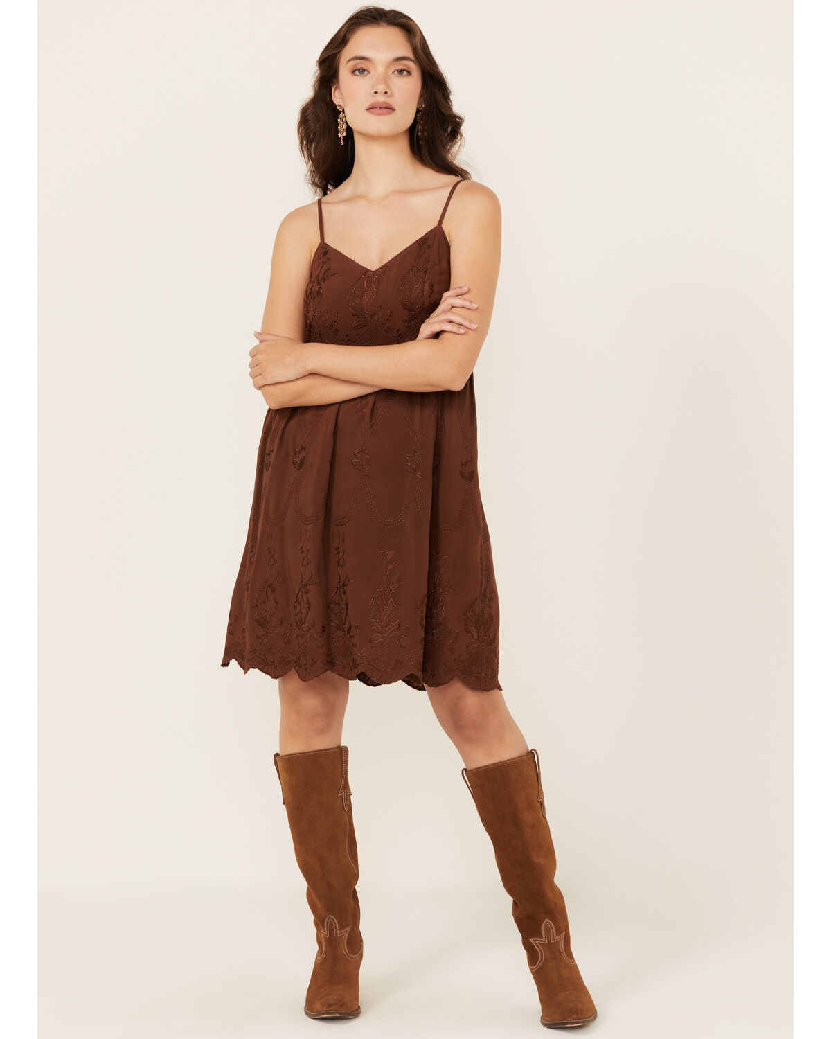 Image #1 - Cleo + Wolf Women's Brina Embroidered Mini Dress, Chocolate, hi-res