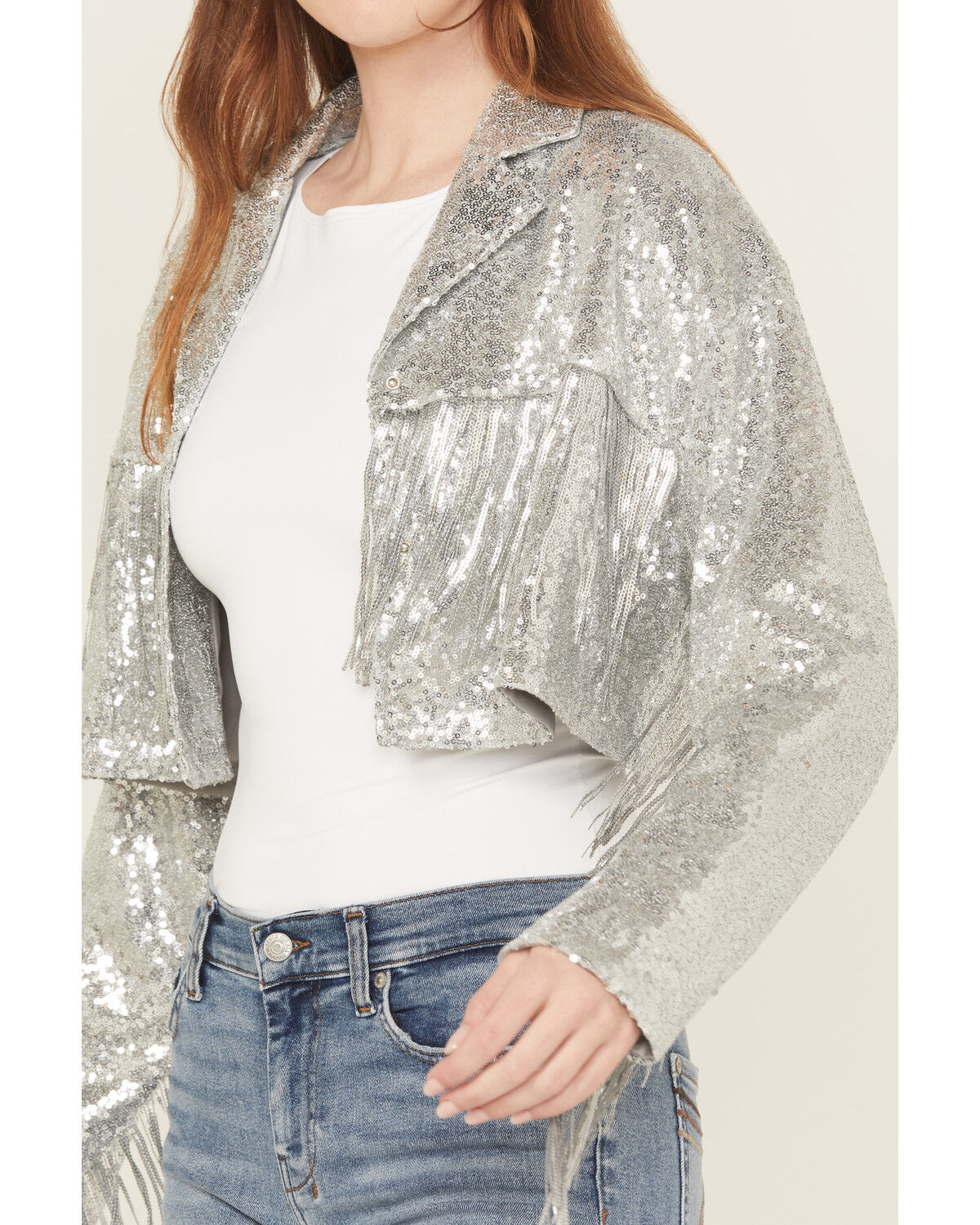 Image #3 - Saints & Hearts Women's Sequin Embellished Fringe Cropped jacket, Silver, hi-res