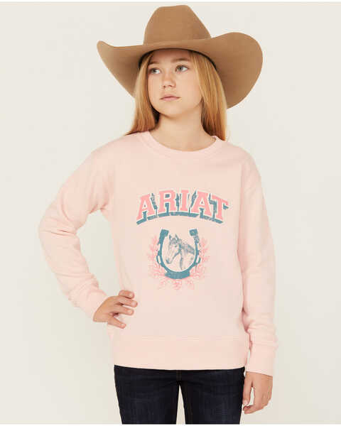 Image #1 - Ariat Girls' Horseshoe Sweatshirt , Pink, hi-res
