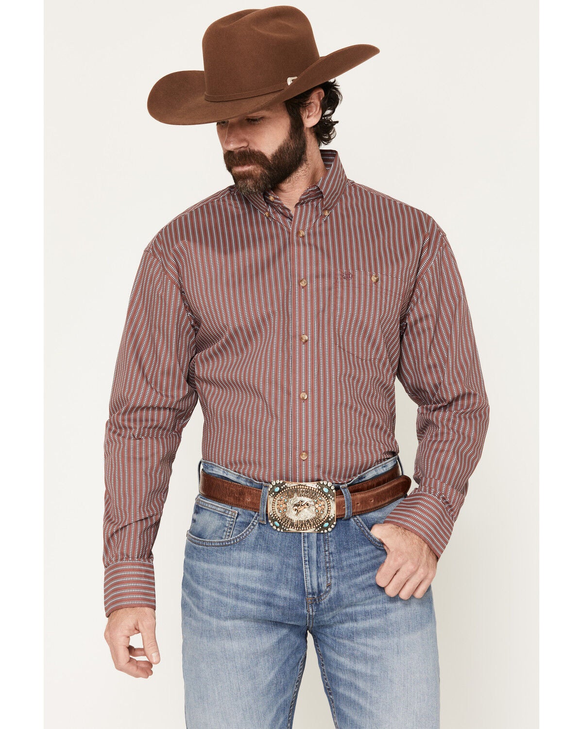 Image #1 - Wrangler Men's Classics Striped Long Sleeve Button-Down Western Shirt, Red, hi-res