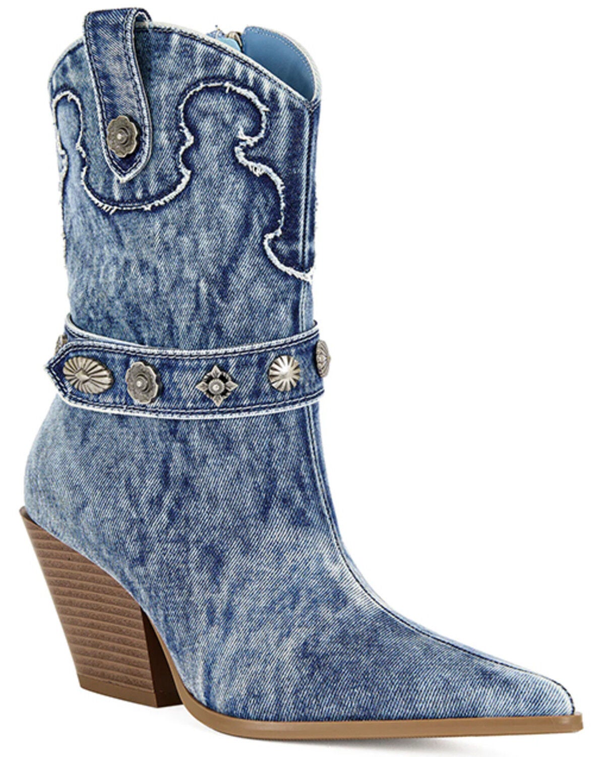 Azalea Wang Women's Neith Denim Western Booties - Round Toe, Blue, hi-res