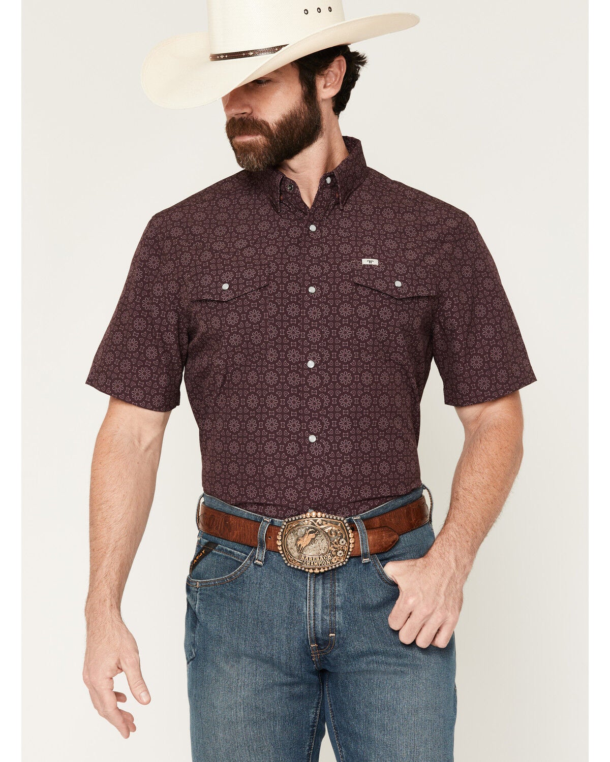 Image #1 - Ferrell Men's Fletcher Medallion Print Short Sleeve Snap Stretch Western Shirt, Burgundy, hi-res