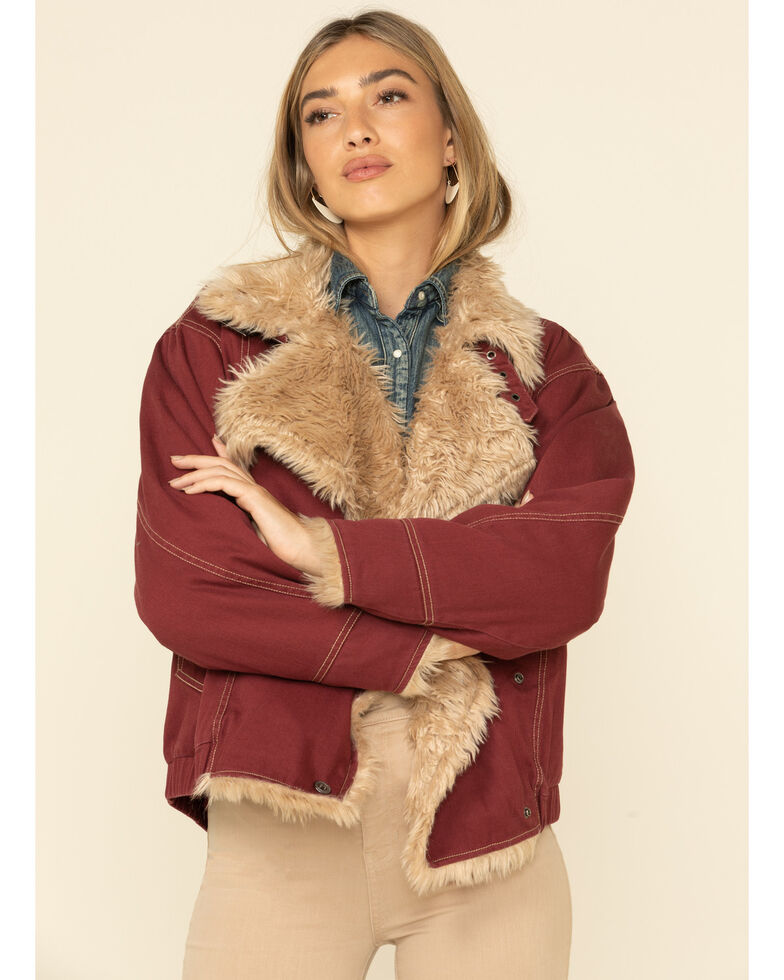STS Ranchwear Women's Hally Rose Faux Fur Denim Jacket , Maroon, hi-res