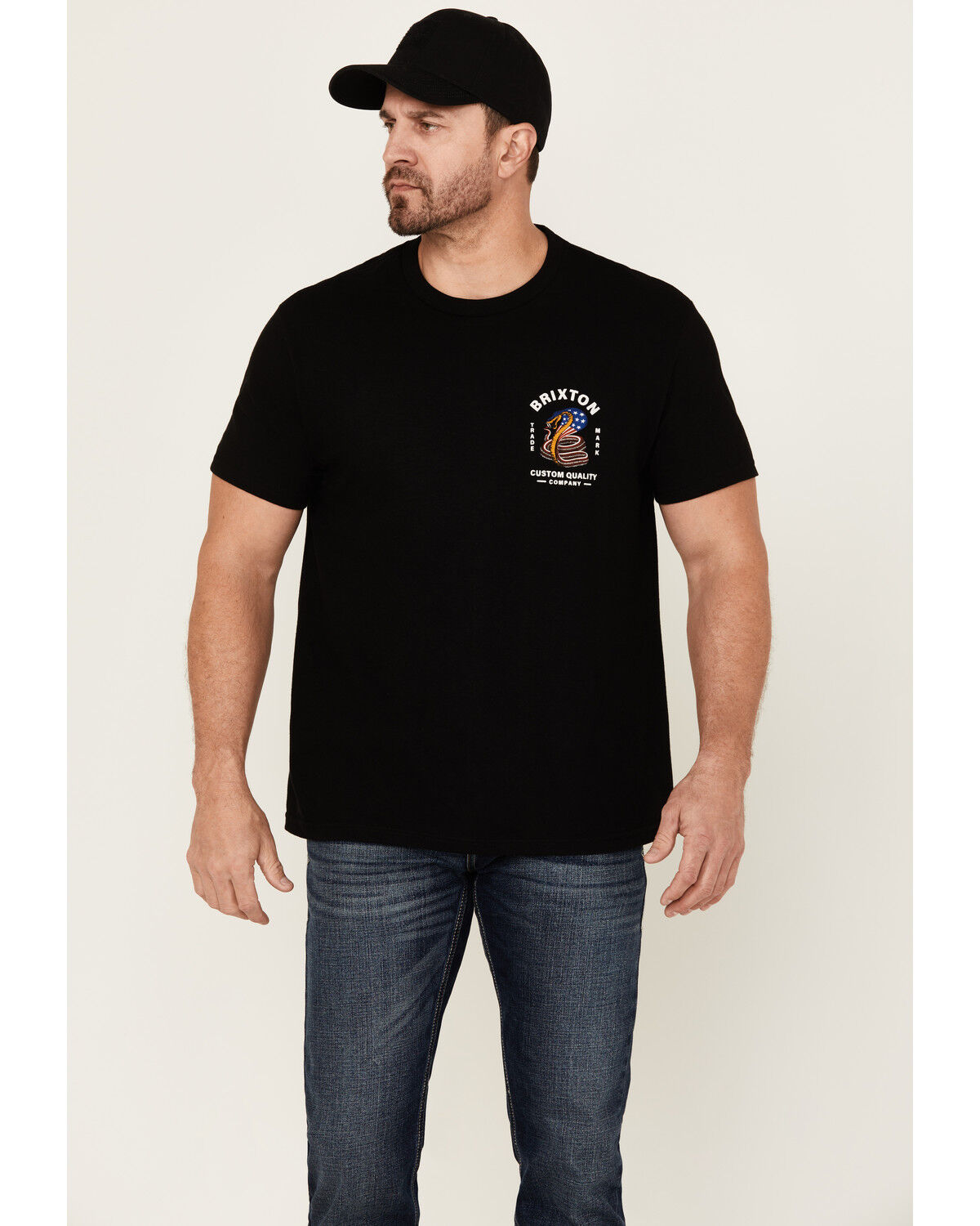 Image #1 - Brixton Men's Boot Barn Exclusive Americobra Short Sleeve Graphic T-Shirt, Black, hi-res