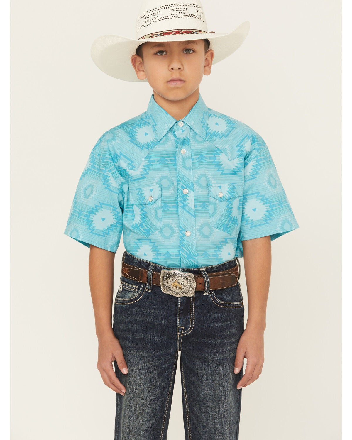 Rock & Roll Denim Boys' Southwestern Short Sleeve Snap Western Shirt, Turquoise, hi-res