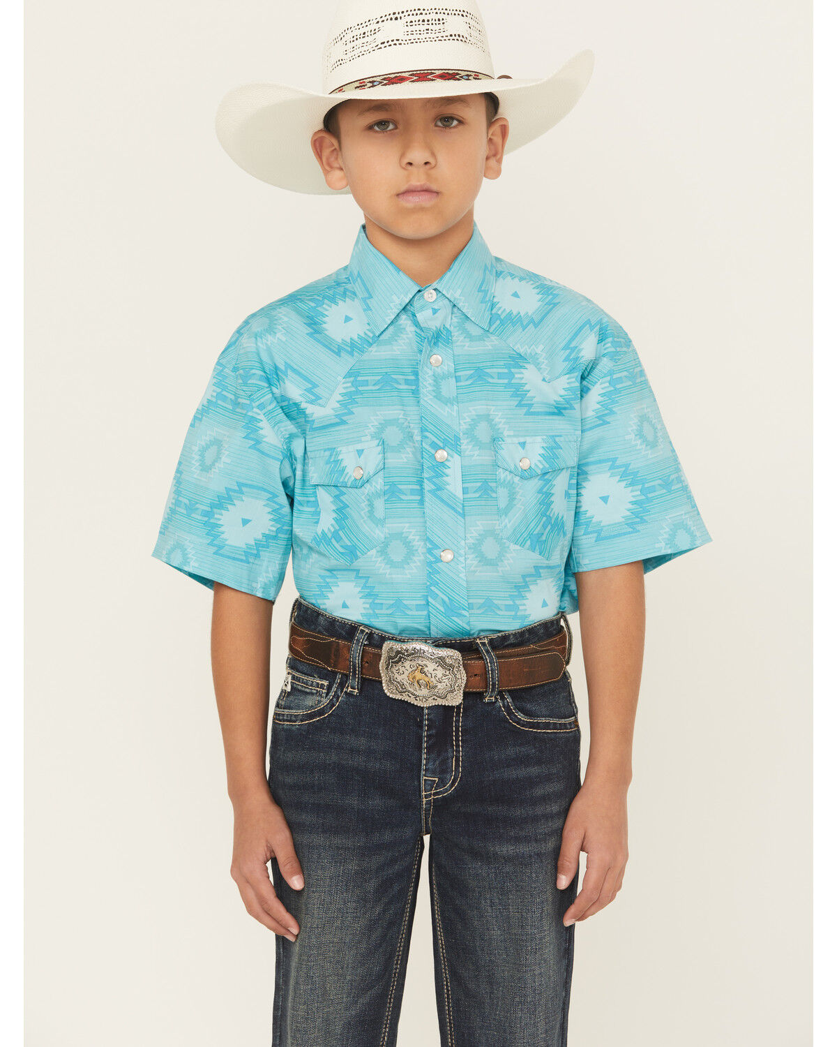 Image #1 - Rock & Roll Denim Boys' Southwestern Short Sleeve Snap Western Shirt, Turquoise, hi-res