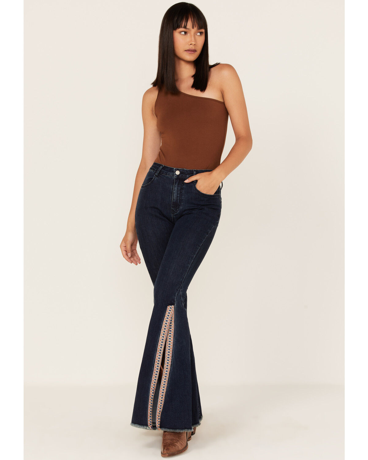 Image #1 - Saints & Hearts Women's Dark Wash High Rise Embroidered Slit Flare Jeans, Blue, hi-res