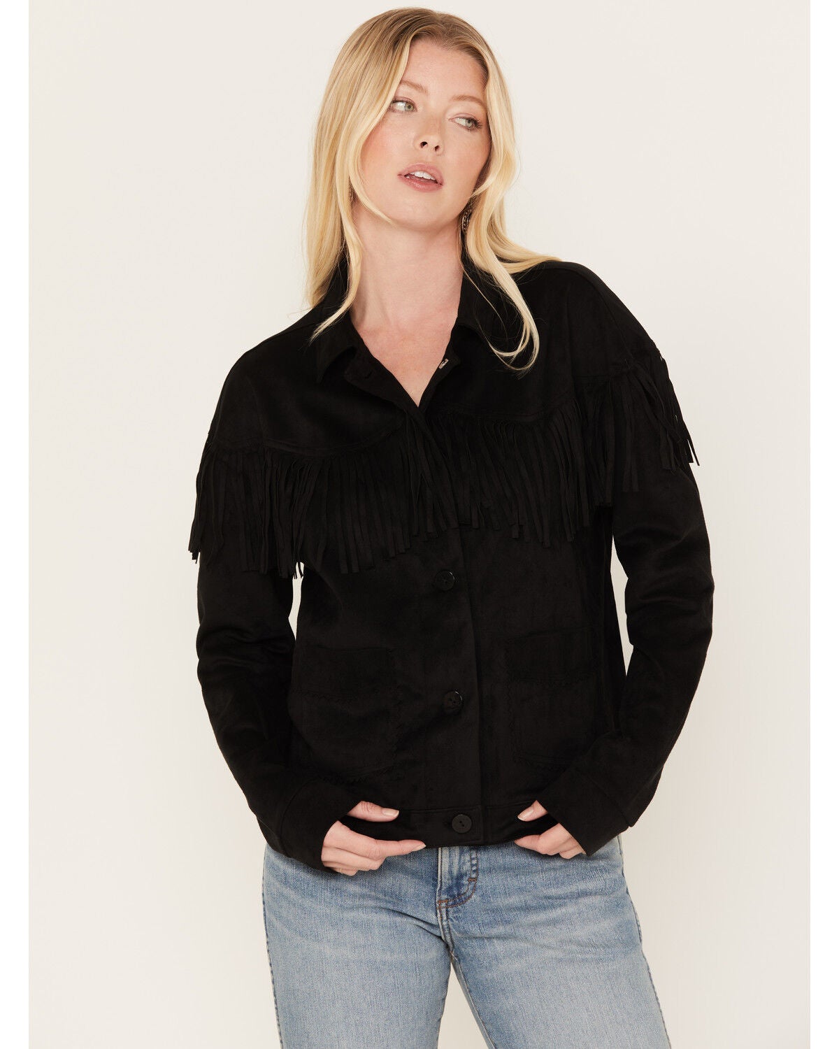 Cruel Girl Women's Faux Suede Fringe Shacket, Black