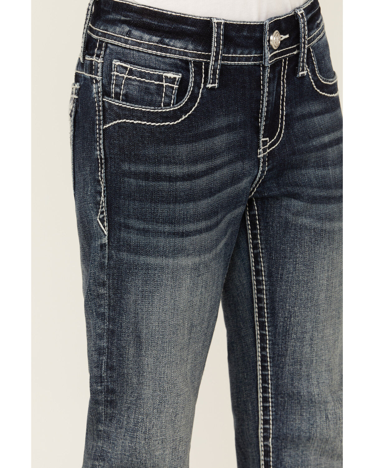 Image #4 - Grace in LA Girls' Medium Wash Longhorn Skull Stretch Bootcut Jeans, Medium Wash, hi-res