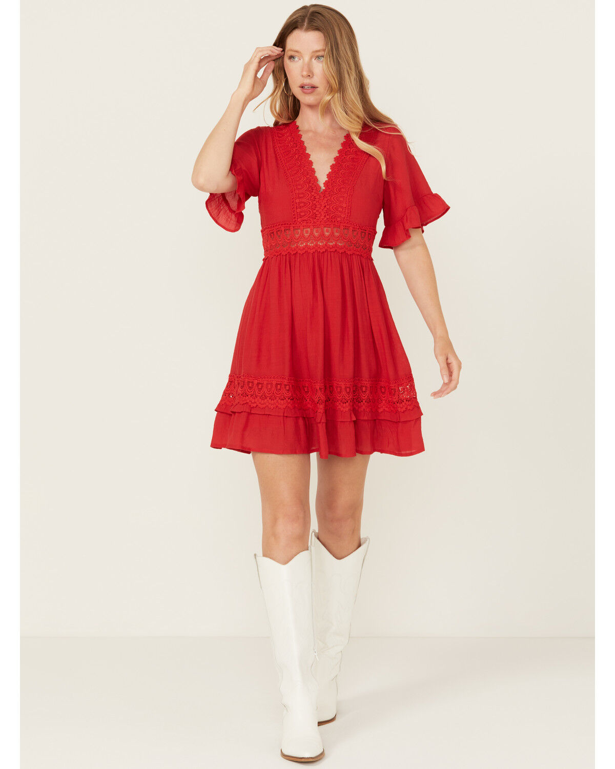 Image #1 - Wishlist Women's Solid Lace Trim Mini Dress, Red, hi-res