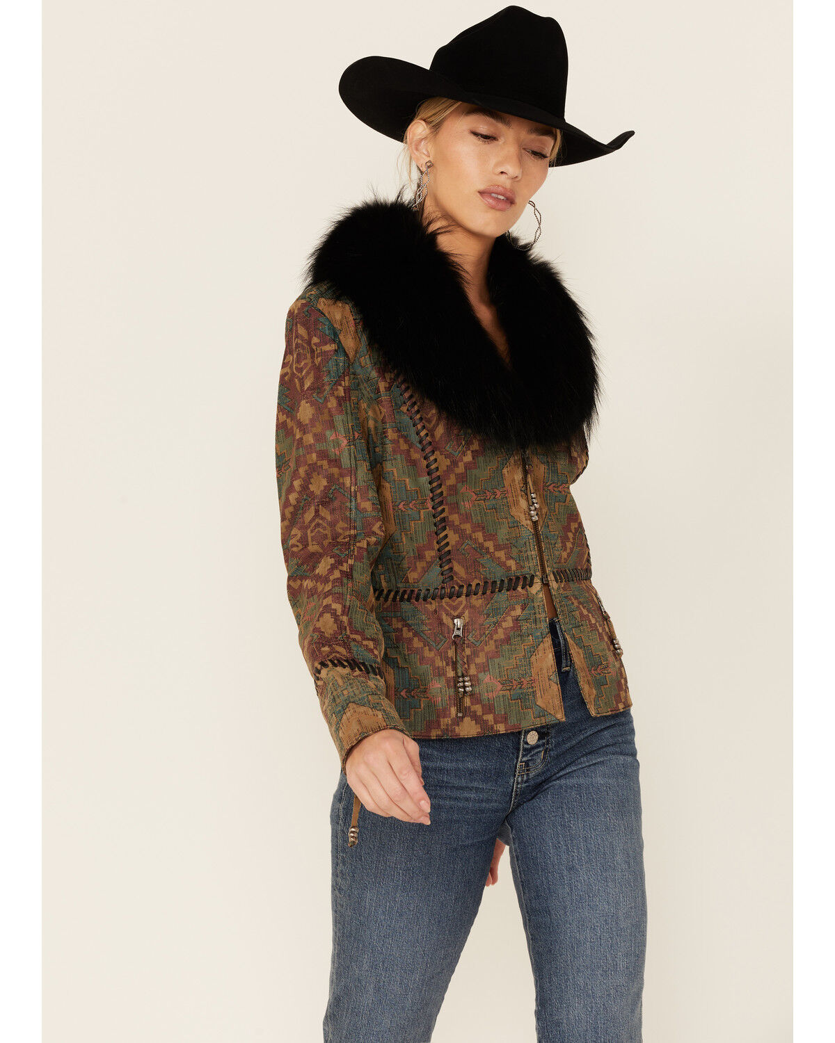 Image #1 - Double D Ranch Women's Top Ridge Weaver Zip-Front Faux Collar Leather Jacket, Multi, hi-res